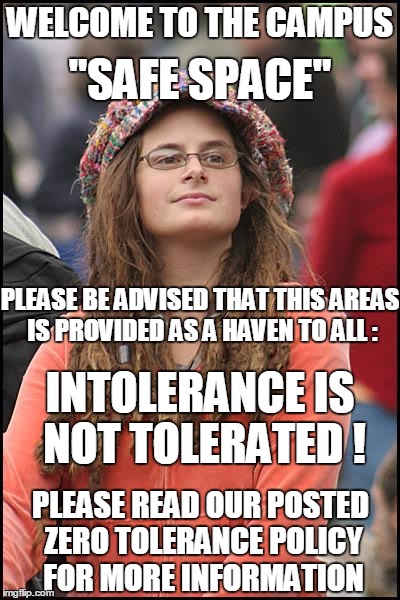 Intolerable  | WELCOME TO THE CAMPUS; "SAFE SPACE"; PLEASE BE ADVISED THAT THIS AREAS IS PROVIDED AS A HAVEN TO ALL :; INTOLERANCE IS NOT TOLERATED ! PLEASE READ OUR POSTED ZERO TOLERANCE POLICY FOR MORE INFORMATION | image tagged in memes,college liberal | made w/ Imgflip meme maker