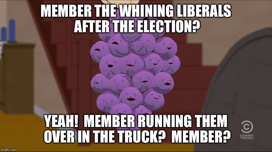 Member Berries | MEMBER THE WHINING LIBERALS AFTER THE ELECTION? YEAH!  MEMBER RUNNING THEM OVER IN THE TRUCK?  MEMBER? | image tagged in memes,member berries | made w/ Imgflip meme maker