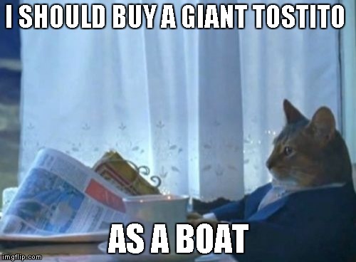 I Should Buy A Boat Cat | I SHOULD BUY A GIANT TOSTITO; AS A BOAT | image tagged in memes,i should buy a boat cat | made w/ Imgflip meme maker