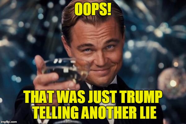 Leonardo Dicaprio Cheers Meme | OOPS! THAT WAS JUST TRUMP TELLING ANOTHER LIE | image tagged in memes,leonardo dicaprio cheers | made w/ Imgflip meme maker