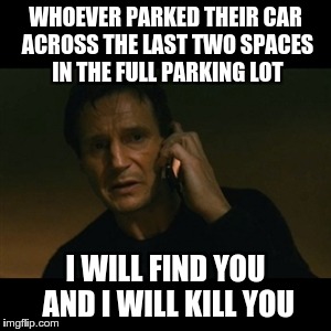 Liam Neeson Taken | WHOEVER PARKED THEIR CAR ACROSS THE LAST TWO SPACES IN THE FULL PARKING LOT; I WILL FIND YOU AND I WILL KILL YOU | image tagged in memes,liam neeson taken | made w/ Imgflip meme maker