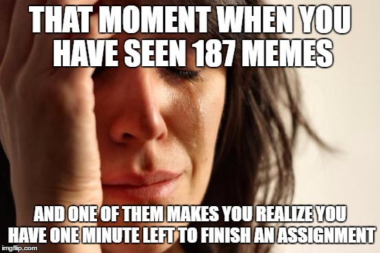 First World Problems Meme | THAT MOMENT WHEN YOU HAVE SEEN 187 MEMES AND ONE OF THEM MAKES YOU REALIZE YOU HAVE ONE MINUTE LEFT TO FINISH AN ASSIGNMENT | image tagged in memes,first world problems | made w/ Imgflip meme maker
