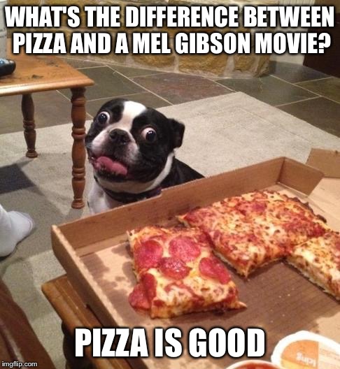 Hungry Pizza Dog | WHAT'S THE DIFFERENCE BETWEEN PIZZA AND A MEL GIBSON MOVIE? PIZZA IS GOOD | image tagged in hungry pizza dog,memes | made w/ Imgflip meme maker