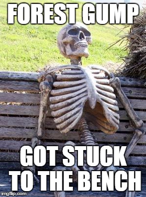 Waiting Skeleton | FOREST GUMP; GOT STUCK TO THE BENCH | image tagged in memes,waiting skeleton | made w/ Imgflip meme maker