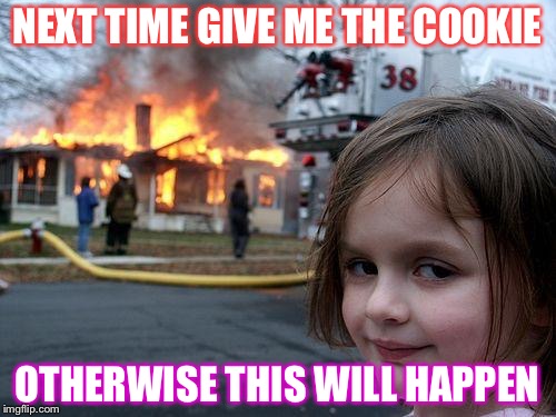Disaster Girl | NEXT TIME GIVE ME THE COOKIE; OTHERWISE THIS WILL HAPPEN | image tagged in memes,disaster girl | made w/ Imgflip meme maker