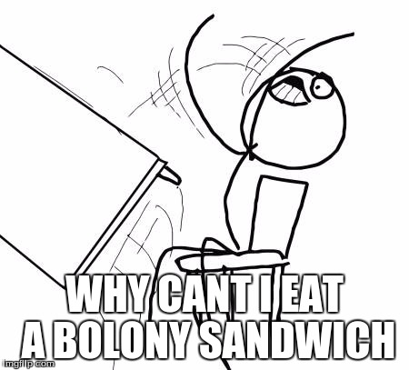 Table Flip Guy | WHY CANT I EAT A BOLONY SANDWICH | image tagged in memes,table flip guy | made w/ Imgflip meme maker