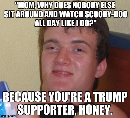 10 Guy Meme | "MOM, WHY DOES NOBODY ELSE SIT AROUND AND WATCH SCOOBY-DOO ALL DAY LIKE I DO?"; BECAUSE YOU'RE A TRUMP SUPPORTER, HONEY. | image tagged in memes,10 guy | made w/ Imgflip meme maker