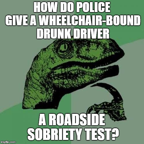 Philosoraptor Meme | HOW DO POLICE GIVE A WHEELCHAIR-BOUND DRUNK DRIVER A ROADSIDE SOBRIETY TEST? | image tagged in memes,philosoraptor | made w/ Imgflip meme maker
