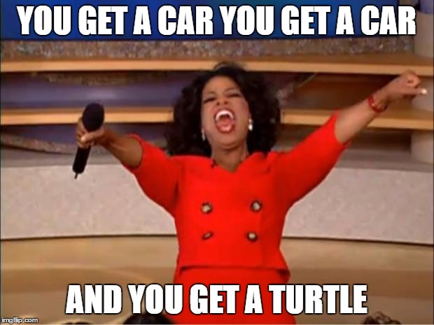 Oprah You Get A | YOU GET A CAR YOU GET A CAR; AND YOU GET A TURTLE | image tagged in memes,oprah you get a | made w/ Imgflip meme maker