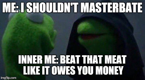 kermit me to me | ME: I SHOULDN'T MASTERBATE; INNER ME: BEAT THAT MEAT LIKE IT OWES YOU MONEY | image tagged in kermit me to me | made w/ Imgflip meme maker
