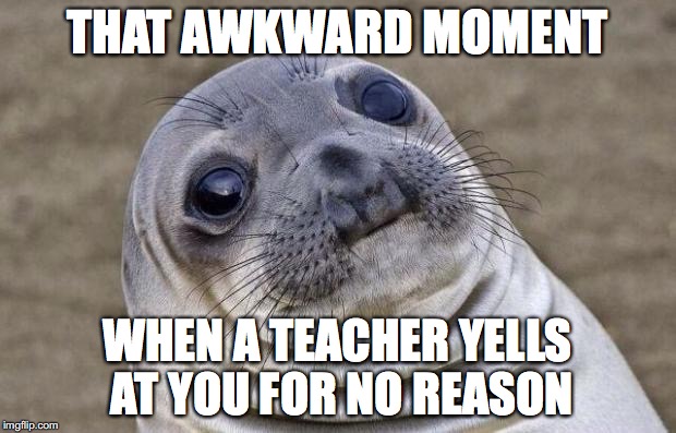 Awkward Moment Sealion | THAT AWKWARD MOMENT; WHEN A TEACHER YELLS AT YOU FOR NO REASON | image tagged in memes,awkward moment sealion | made w/ Imgflip meme maker