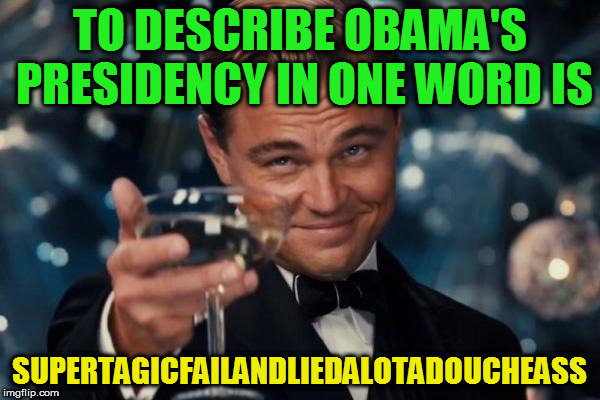 Leonardo Dicaprio Cheers Meme | TO DESCRIBE OBAMA'S PRESIDENCY IN ONE WORD IS; SUPERTAGICFAILANDLIEDALOTADOUCHEASS | image tagged in memes,leonardo dicaprio cheers | made w/ Imgflip meme maker