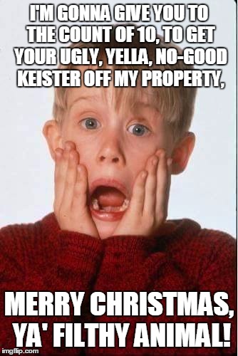 Home Alone | I'M GONNA GIVE YOU TO THE COUNT OF 10, TO GET YOUR UGLY, YELLA, NO-GOOD KEISTER OFF MY PROPERTY, MERRY CHRISTMAS, YA' FILTHY ANIMAL! | image tagged in home alone | made w/ Imgflip meme maker
