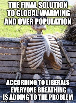 Waiting Skeleton Meme | THE FINAL SOLUTION TO GLOBAL WARMING AND OVER POPULATION ACCORDING TO LIBERALS EVERYONE BREATHING IS ADDING TO THE PROBLEM | image tagged in memes,waiting skeleton | made w/ Imgflip meme maker