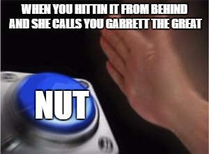 Blank Nut Button Meme | WHEN YOU HITTIN IT FROM BEHIND AND SHE CALLS YOU GARRETT THE GREAT; NUT | image tagged in blank nut button | made w/ Imgflip meme maker
