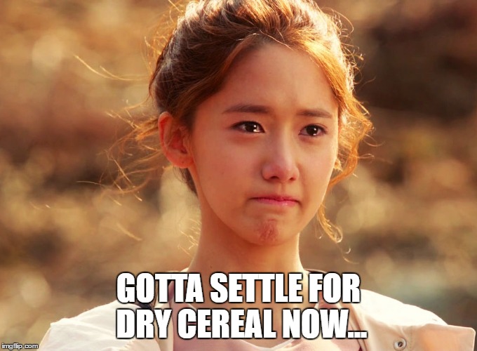 Yoona Crying | GOTTA SETTLE FOR DRY CEREAL NOW... | image tagged in yoona crying | made w/ Imgflip meme maker