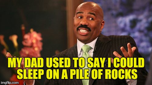 Steve Harvey Meme | MY DAD USED TO SAY I COULD SLEEP ON A PILE OF ROCKS | image tagged in memes,steve harvey | made w/ Imgflip meme maker