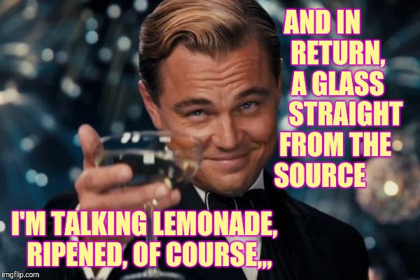 Leonardo Dicaprio Cheers Meme | AND IN         RETURN,        A GLASS         STRAIGHT     FROM THE       SOURCE; I'M TALKING LEMONADE,   RIPENED, OF COURSE,,, | image tagged in memes,leonardo dicaprio cheers | made w/ Imgflip meme maker