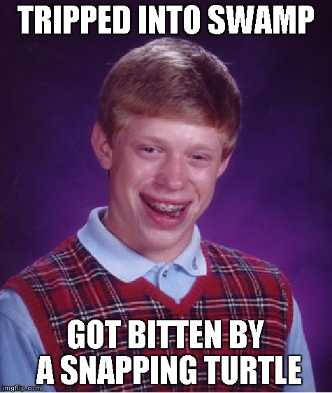 TRIPPED INTO SWAMP GOT BITTEN BY A SNAPPING TURTLE | image tagged in memes,bad luck brian | made w/ Imgflip meme maker