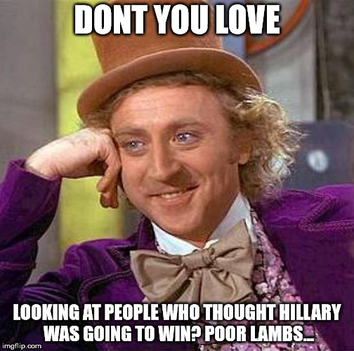 Creepy Condescending Wonka | DONT YOU LOVE; LOOKING AT PEOPLE WHO THOUGHT HILLARY WAS GOING TO WIN? POOR LAMBS... | image tagged in memes,creepy condescending wonka | made w/ Imgflip meme maker