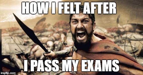 Sparta Leonidas | HOW I FELT AFTER; I PASS MY EXAMS | image tagged in memes,sparta leonidas | made w/ Imgflip meme maker