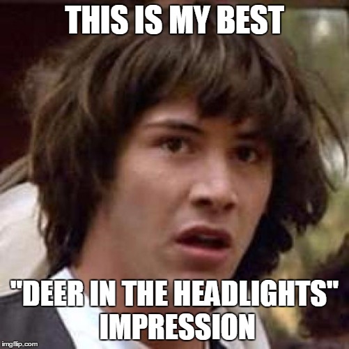 Conspiracy Keanu Meme | THIS IS MY BEST "DEER IN THE HEADLIGHTS" IMPRESSION | image tagged in memes,conspiracy keanu | made w/ Imgflip meme maker