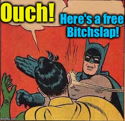 Batman Slapping Robin Meme | Ouch! Here's a free B**chslap! | image tagged in memes,batman slapping robin | made w/ Imgflip meme maker