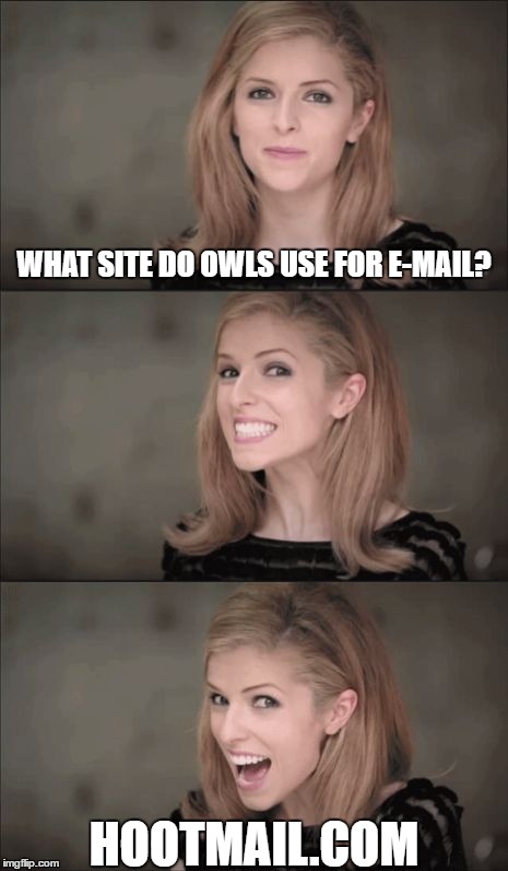 Bad Pun Anna Kendrick | WHAT SITE DO OWLS USE FOR E-MAIL? HOOTMAIL.COM | image tagged in memes,bad pun anna kendrick | made w/ Imgflip meme maker