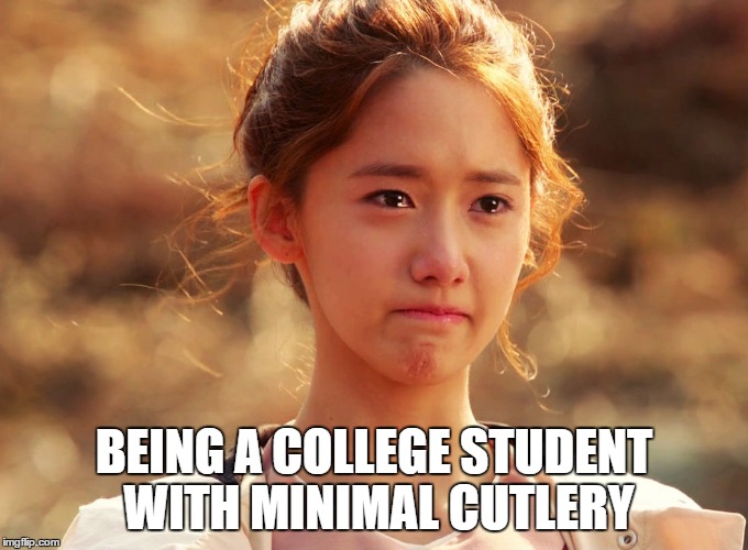 Yoona Crying | BEING A COLLEGE STUDENT WITH MINIMAL CUTLERY | image tagged in yoona crying | made w/ Imgflip meme maker