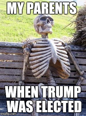 Waiting Skeleton Meme | MY PARENTS WHEN TRUMP WAS ELECTED | image tagged in memes,waiting skeleton | made w/ Imgflip meme maker