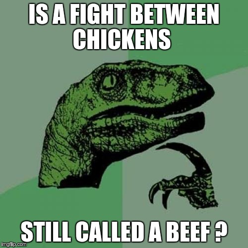 Philosoraptor Meme | IS A FIGHT BETWEEN CHICKENS; STILL CALLED A BEEF ? | image tagged in memes,philosoraptor | made w/ Imgflip meme maker