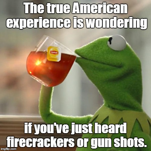 But That's None Of My Business | The true American experience is wondering; if you've just heard firecrackers or gun shots. | image tagged in memes,but thats none of my business,kermit the frog | made w/ Imgflip meme maker