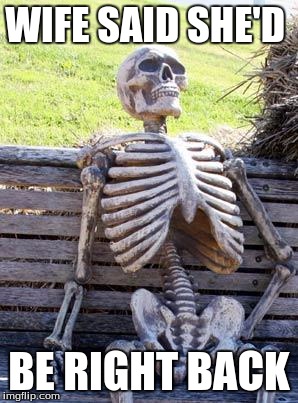 Waiting Skeleton Meme | WIFE SAID SHE'D; BE RIGHT BACK | image tagged in memes,waiting skeleton | made w/ Imgflip meme maker