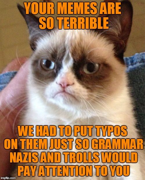 Even The Grammar Nazi's And Trolls Weren't Playing With You | YOUR MEMES ARE SO TERRIBLE; WE HAD TO PUT TYPOS ON THEM JUST SO GRAMMAR NAZIS AND TROLLS WOULD PAY ATTENTION TO YOU | image tagged in memes,grumpy cat,grammar nazi,troll,typo | made w/ Imgflip meme maker