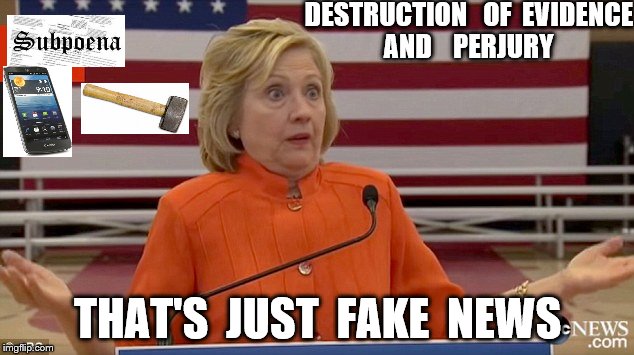 Hillary Clinton Fail | DESTRUCTION   OF  EVIDENCE   AND    PERJURY; THAT'S  JUST  FAKE  NEWS | image tagged in hillary clinton fail | made w/ Imgflip meme maker