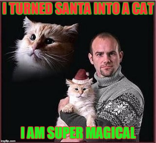 Meowy Catmas #3 : Very Bad Dating Profile | I TURNED SANTA INTO A CAT; I AM SUPER MAGICAL | image tagged in meme,meowy catmas,putting the meow back in christmas,weird pet photos,hohoho | made w/ Imgflip meme maker