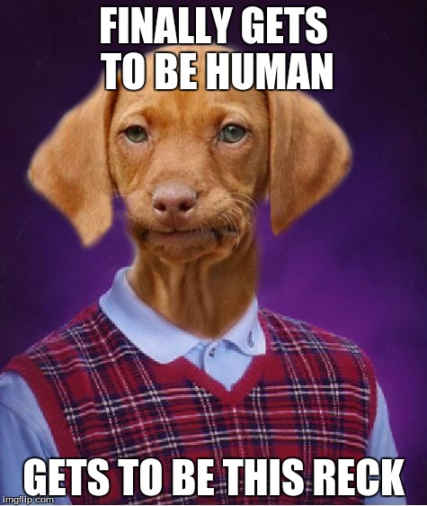 Bad Luck Raydog | FINALLY GETS TO BE HUMAN; GETS TO BE THIS RECK | image tagged in bad luck raydog | made w/ Imgflip meme maker