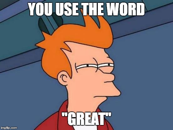 Futurama Fry Meme | YOU USE THE WORD "GREAT" | image tagged in memes,futurama fry | made w/ Imgflip meme maker