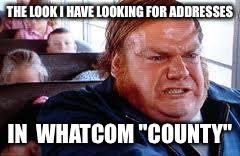 Chris Farley-Bill Madison | THE LOOK I HAVE LOOKING FOR ADDRESSES; IN  WHATCOM "COUNTY" | image tagged in chris farley-bill madison | made w/ Imgflip meme maker