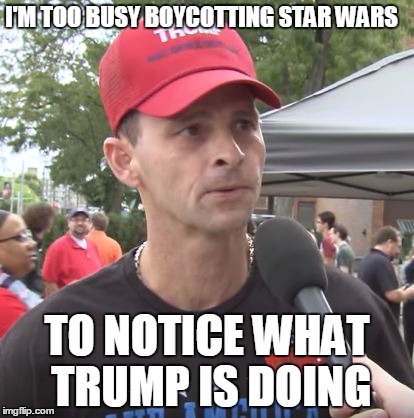 Bread and Circuses | I'M TOO BUSY BOYCOTTING STAR WARS; TO NOTICE WHAT TRUMP IS DOING | image tagged in trump supporter | made w/ Imgflip meme maker