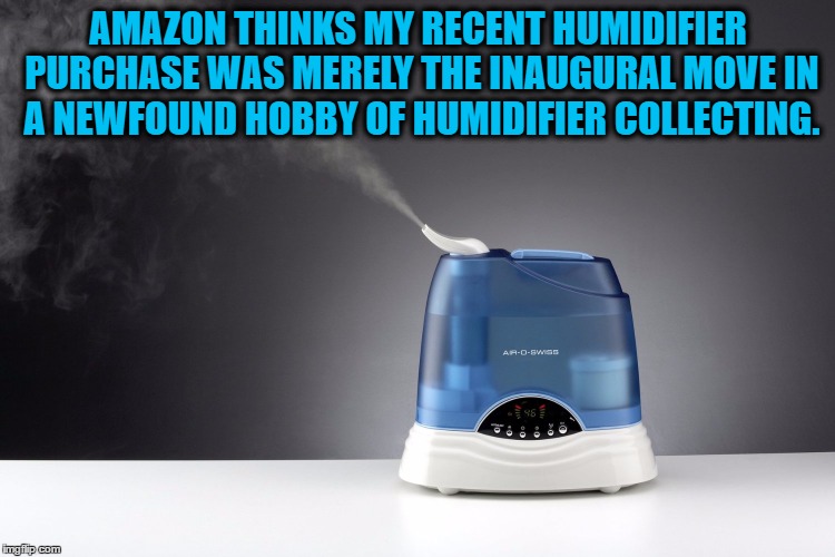 amazon obsessed | AMAZON THINKS MY RECENT HUMIDIFIER PURCHASE WAS MERELY THE INAUGURAL MOVE IN A NEWFOUND HOBBY OF HUMIDIFIER COLLECTING. | image tagged in amazon,shopping,collecting,funny memes,funny | made w/ Imgflip meme maker