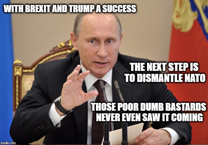 Putin won, years ago | WITH BREXIT AND TRUMP A SUCCESS; THE NEXT STEP IS TO DISMANTLE NATO; THOSE POOR DUMB BASTARDS NEVER EVEN SAW IT COMING | image tagged in memes,politics,russian collusion,treason,trump is a traitor | made w/ Imgflip meme maker