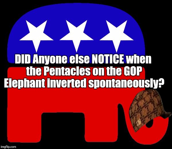 The way SOME Christians freak out about Magick in DISNEY Films, Rock and Roll & Halloween...You'd think that Pence would see it. | DID Anyone else NOTICE when the Pentacles on the GOP Elephant inverted spontaneously? | image tagged in republican logo,trumppence2016,dick cheney,deal with the devil,political meme | made w/ Imgflip meme maker