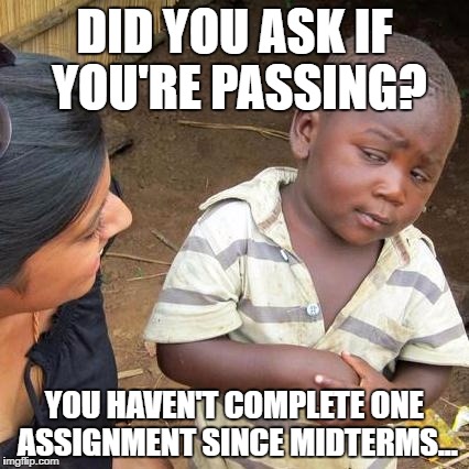 Third World Skeptical Kid | DID YOU ASK IF YOU'RE PASSING? YOU HAVEN'T COMPLETE ONE ASSIGNMENT SINCE MIDTERMS... | image tagged in memes,third world skeptical kid | made w/ Imgflip meme maker