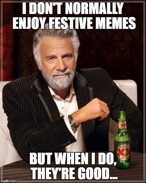 I DON'T NORMALLY ENJOY FESTIVE MEMES BUT WHEN I DO, THEY'RE GOOD... | image tagged in memes,the most interesting man in the world | made w/ Imgflip meme maker