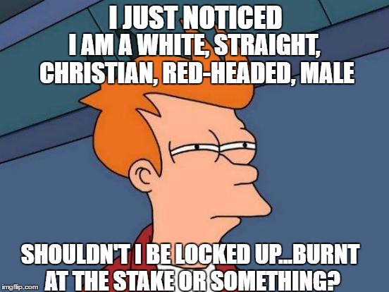 Futurama Fry-Me | I JUST NOTICED; I AM A WHITE, STRAIGHT, CHRISTIAN, RED-HEADED, MALE; SHOULDN'T I BE LOCKED UP...BURNT AT THE STAKE OR SOMETHING? | image tagged in memes,futurama fry | made w/ Imgflip meme maker