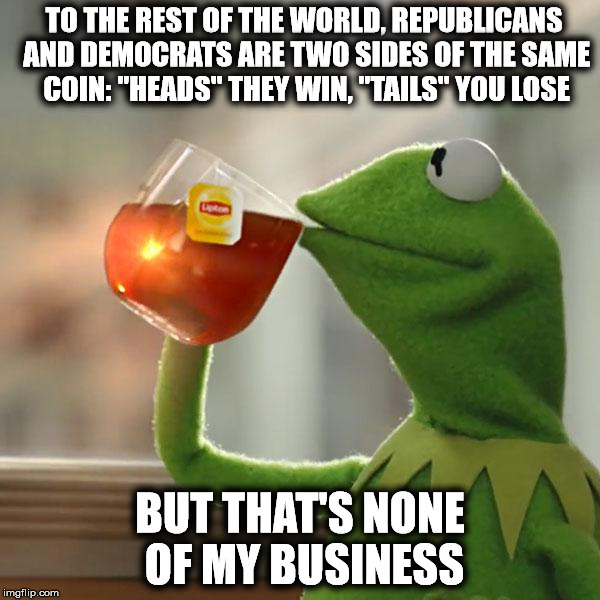 But That's None Of My Business Meme | TO THE REST OF THE WORLD, REPUBLICANS AND DEMOCRATS ARE TWO SIDES OF THE SAME COIN: "HEADS" THEY WIN, "TAILS" YOU LOSE; BUT THAT'S NONE OF MY BUSINESS | image tagged in memes,but thats none of my business,kermit the frog | made w/ Imgflip meme maker