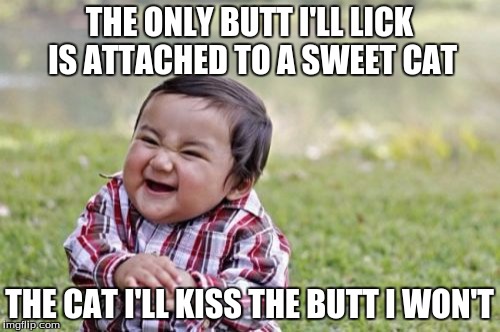 Evil Toddler Meme | THE ONLY BUTT I'LL LICK IS ATTACHED TO A SWEET CAT THE CAT I'LL KISS THE BUTT I WON'T | image tagged in memes,evil toddler | made w/ Imgflip meme maker