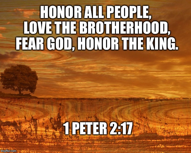 meme brown landscape muted | HONOR ALL PEOPLE, LOVE THE BROTHERHOOD, FEAR GOD, HONOR THE KING. 1 PETER 2:17 | image tagged in meme brown landscape muted | made w/ Imgflip meme maker