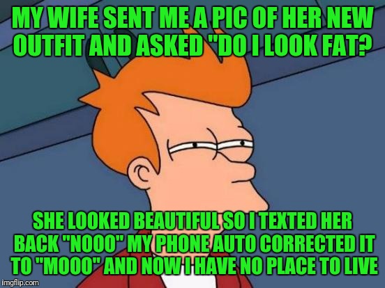 Futurama Fry |  MY WIFE SENT ME A PIC OF HER NEW OUTFIT AND ASKED "DO I LOOK FAT? SHE LOOKED BEAUTIFUL SO I TEXTED HER BACK "NOOO" MY PHONE AUTO CORRECTED IT TO "MOOO" AND NOW I HAVE NO PLACE TO LIVE | image tagged in memes,futurama fry | made w/ Imgflip meme maker